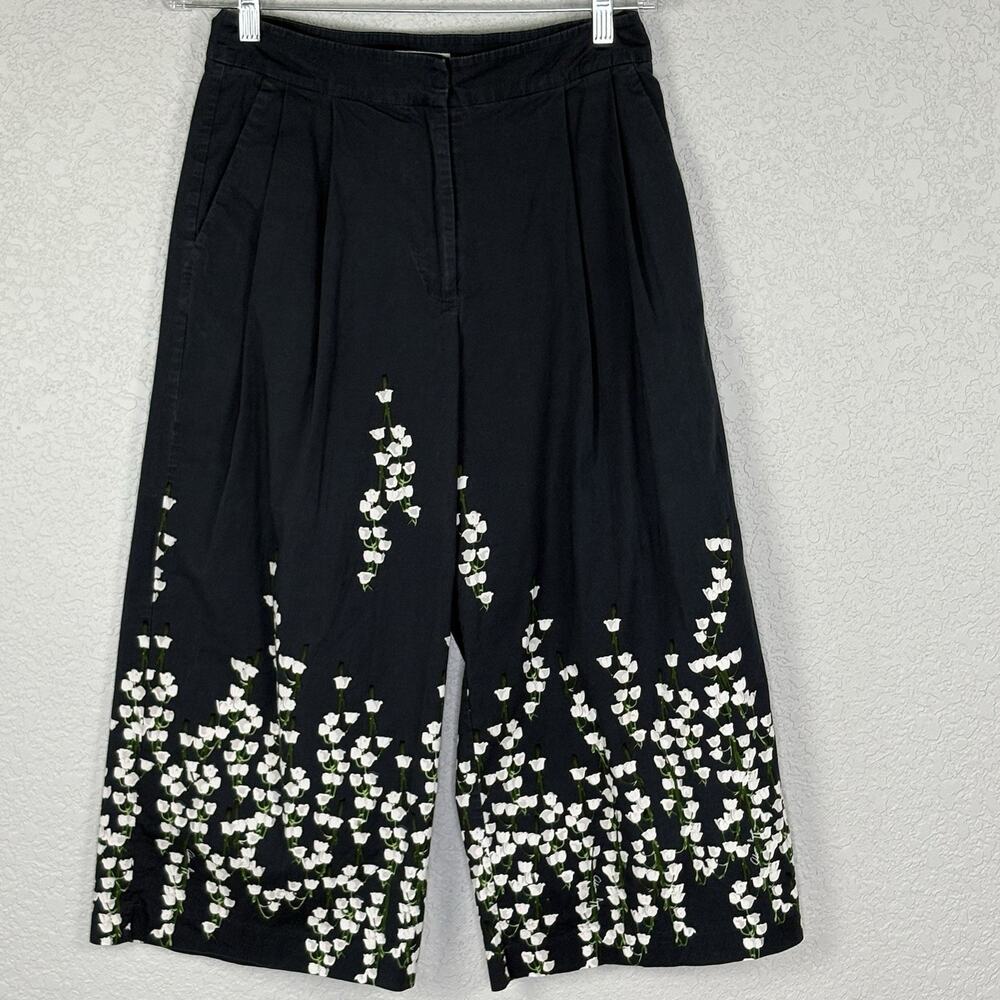 Adam Lippes Culotte Pant Wide Leg Pleat Front Floral Cropped Navy Blue Size 6